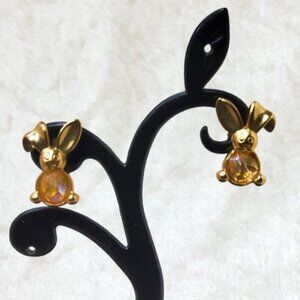 Vintage Gold Tone Rabbit Earrings With Amber-Colored Gemstone Accents